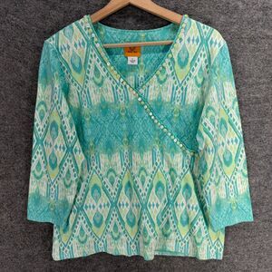 Ruby Rd. Blouse Women L Large Blue Geometric V-Neck Long Sleeve Cotton Casual